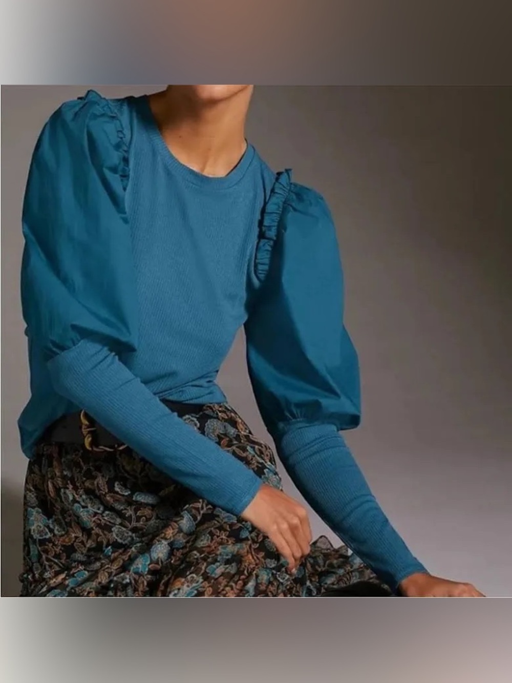 Sunday in Brooklyn Teal Puff Sleeve Ribbed Top